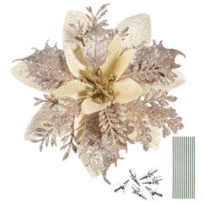 Decorazioni natalizie 12 pezzi Glitter Poinsettia artificiale Fiori Ornamenti per alberi Decorazione per feste di Natale Steli e clip 231009