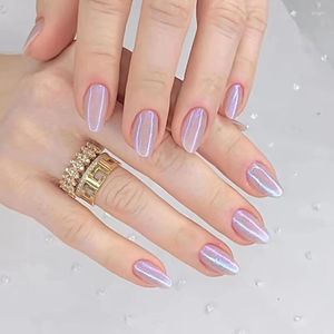 False Nails 24pcs Oval Round Head Fake Set Press On Almond Aurora Flash Pink Purple Nail Art Full Cover Ins Style Tips