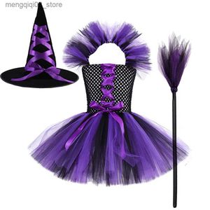 Temadräkt Witch Halloween kommer för Girls Purple Black Tutu Dress for Kids Carnival Cosplay Outfit With Broom Hat Q231010