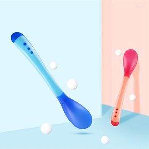 Spoons 3Colors Temperature Sensing Spoon For Kids Boys Baby Silicone Fork Feeding Toddler Flatware Drop