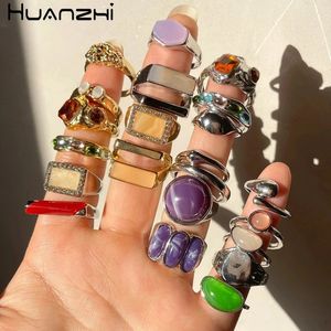 Solitaire Ring HZ Korea 5pcs set Colorful Stone Metal Chain Trendy Geometry Hit Rings Set for Women Girls Jewelry Gifts 231009