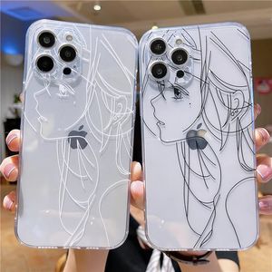 Handyhüllen Niedliche Anime-Mädchen-Gesichtshülle für iPhone 15 Pro Max 11 12 13 14 XS XR 7 8 Weiche abstrakte Kunstlinie Linie Mädchenabdeckung 231010