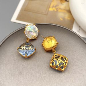 Brincos pendurados moda coreana oco flor incrustada gota de vidro de cristal colorido para mulheres joias elegantes e modernas