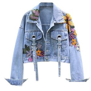 Kvinnors jackor kvinnor jackor våren denim jacka kvinnor mode blommor broderi paljetter korta jeans vintage lös streetwear uppenbar