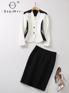 Work Dresses SEQINYY Elegant Suit Spring Autumn Fashion Design Women Runway White Jacket Slim Black Skirt Office Lady