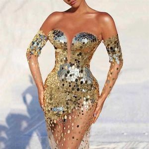 Women's Clothing Casual Dresses Gold Sequined For Women Strapless Illusion Off The Shoulder Bodycon Dress Female Sexy Night C185z