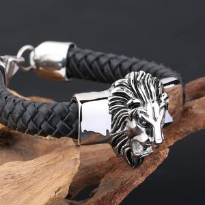 Mens Jewlery Silver Rostfritt stål Lionhuvud med svart läderarmband 20mm199q