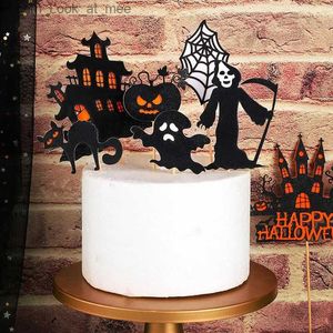 その他のイベントパーティーサプライズキャッスルハロウィーンケーキデコレーションスパイダーウェブハッピーハロウィーンパーティーケーキトッパーキャットゴーストシックルウィッチデザートカボチャサインdiy q231010