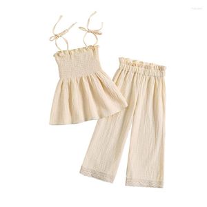 Clothing Sets Wallarenear Kids Girls Two Piece Outfits Bandage Sleeveless Camisole And Elastic Lace Patchwork Loose Pants Set Summer Clothes