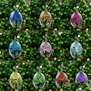 Pendant Necklaces New Oval Tree Of Life Glass Necklaces For Women Dried Flowers Specimen Pendant Leather Chain Fashion Jewelry Gift Je Dhjoh