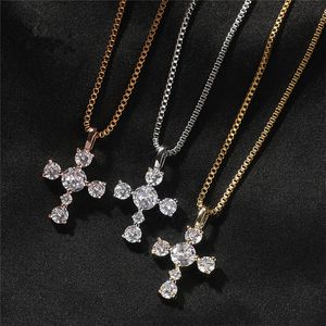 S925 Silver Zircon Cross Necklace قلادة الذهب الفضة المغطى بالرجال بلينغ المجوهرات هدية