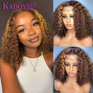 Synthetic Wigs Ombre Brown Blonde Lace Front Wigs Highlight Curly Bob Wig Deep Curly Human Hair Wigs for Women 180% Brazilian 13x4 Lace Frontal 231010