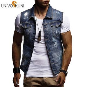 UNIVOS KUNI Denim Vest Mens Jacket Sleeveless Casual Vintage Waistcoats Mens Jean Coat Ripped Slim Fit Male Jackets Cowboy J525219z