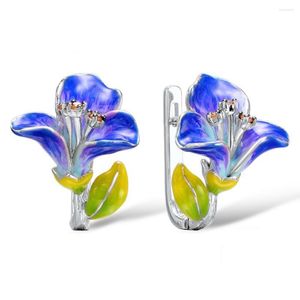 Studörhängen Emalj Purple Blooming Flower Leaf Shaped Crystal Ear Studs Graceful Wedding Party Jewelry