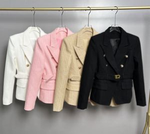 Damenanzüge, Blazer, Löwenknopf, kurzer Anzugmantel, Schwarz-Weiß-Maze-Jacquard-Deckmantel, S-5XL, Buchstabengürtel, Rosa, Khaki. Schlank aussehender Anzug