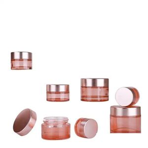 Kosmetisk burk grossist rosa glas burk tom makeup grädde burkar reseprovbehållarflaskor med inre foder och rosguldlock för DHCJ8