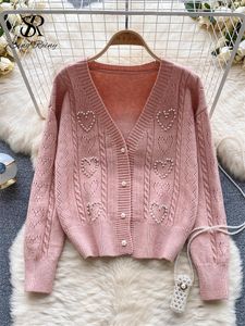 여자 니트 노래 구슬 구슬 진주 니트 카디건 여성 v 넥 소매 느슨한 스웨터 2023 패션 한국 가을 따뜻한웨어