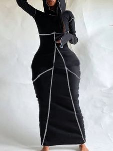 Artı boyutu elbiseler lw beden bayan seksi kadın kapüşonlu yakalı çizgili gövde elbise zarif siyah uzun kollu kazak 231009