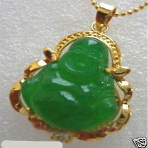 Hela billiga nya guldpläterade Green Jade Buddha Pendant Necklace297c