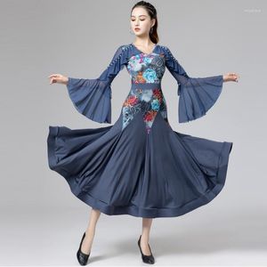 Palco desgaste manga flare vestido de dança de salão azul/preto impressão competição tango valsa desempenho traje prática dl9897