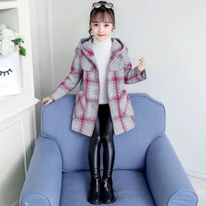 코트 겨울 코트 소녀 두꺼운 모직 재킷 패션 격자 무늬 어린이 겉옷 가을 십대 아기 옷 2 ~ 10 12 세 231009