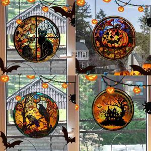 Andere Event-Party-Zubehör, Halloween, befleckt, bunt, Horror-Schloss, Katze, statische PVC-Fensterglas-Aufkleber, kleberfrei, dekorative Folie, Party-Heimdekoration, Q231010