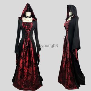 Temad kostym kvinnor medeltida retro gotisk hoodie häxa lång kjol svart röd lång mantel halloween karneval fest cosplay kostym bollklänning x1010