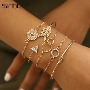 Sindlan 5st Crystal Geometric Bangles for Women Vintage Gold Open Armband Set Arrow Compass Boho Armband Wrist Chain Jewelry345L