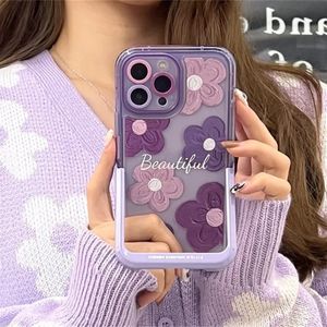 Cell Phone Cases INS Oil Painting Flowers Invisible Bracket Case For iPhone 15 14 13 11 12 Pro Max Plus Purple Love Heart Shockproof Cover 231010