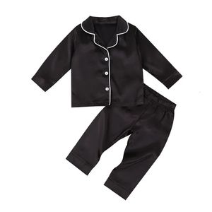 Pijamas bebê menino preto cetim seda pijama conjuntos sleepwear manga longa calças superiores 17y criança crianças verão outono casual nightshirt 231010