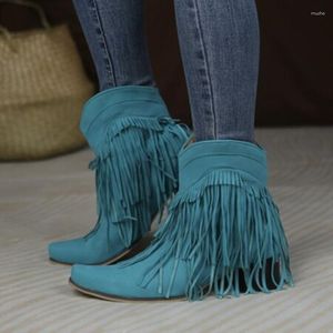 Boots Women Winter Sqaure Toe Fringe Shoes Flock Warm Wide Fitting 46-34 Wedges Heels 4cm Blue Yellow Comfortable Botas Zapatos