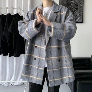 Männer Trenchcoats Herbst Winter Dicke Mittellange Karierte Gitter Wollmantel Männliche Britische Jacke Übergroße Retro Zweireiher