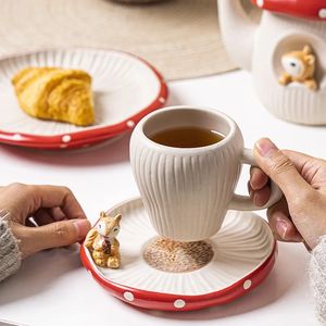 Mugs Hand Painted Red Mushroom Ceramic Tea Cup and Dish Porcelain Drinking Child Kids Girl Christmas Wedding Birthday CZY-Z2306-8 231009