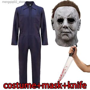 Temadräkt 2018 Halloween Michael Myers Come Mask Knife Cosplay Jumpsuit Horrorbloody Killer Demon Latex Hjälm Carnival Party Props Q231010