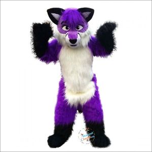 Promocional longo cabelo roxo lobo raposa cão dos desenhos animados mascote traje feito à mão ternos vestido de festa roupas promoção anúncio carnaval