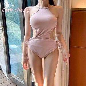 Women's Swimwear Korean Version Of Girl's Simple INS Style Sexy Back-tied Neck One-piece Swimsuit Bikini Cross-border Supply