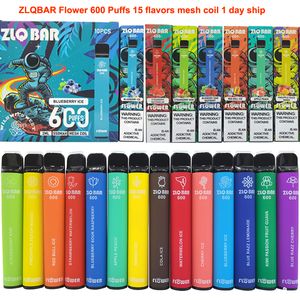 Original ZLQBAR Flower 600 Züge E-Zigaretten-Vape-Stift 550 mAh 2 ml 2 % 0 % Einweggerät Mesh-Spulen Zigarette Electronique Autorisiert