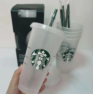 Reusable 24oz/710ml Starbucks Mug Classic Clear Cup Color Straw Cup Plastic Lid Straw Cups