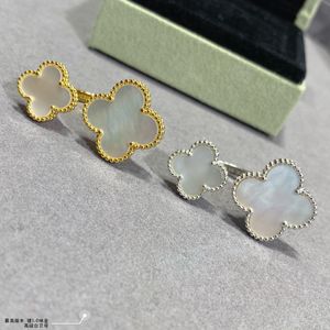 Vintage Cluster Rings Van Brand Designer Double White Mother Shell of Pearl Four Leaf Clover Flower Charm Open Ring for Women With Box Party Gift