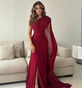 Sexy Long One Shoulder Chiffon Evening Dresses with Slit Mermaid Sweep Train Party Gowns for Women