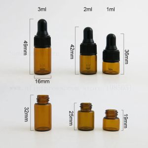 Topp 500 st special Amber Glass Droper Bottles 1/2/3 ml med svart mössa Essential Oil Parfume Exempel på återfyllningsbar flaska