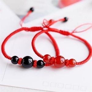 Släpp kinesisk stil handgjorda lyckliga röda strängarmband armband röda svarta agater stenpärlor män kvinnor par's Brace2610