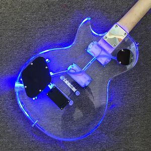 Loja personalizada, feita na China, guitarra elétrica de cristal padrão de alta qualidade, hardware cromado, luz azul, frete grátis