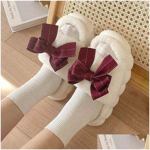 Home Shoes Home Shoes Winter Kawaii Princess Ladies Thicksoled House Fur Slippers Opentoe Bedroom Cute Big Bow Pattern Women Fluffy Sl Dhzxq