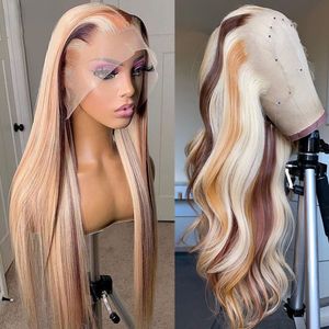 180 Density Brazilian Highlight Blonde Colored Simulation Human Hair Wig Body Wave Ombre HD Transparent Straight Lace Front Wigs For Women