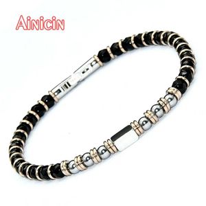 Charme pulseiras de alta qualidade preto facetado ágata contas redondas pulseira de aço inoxidável para moda jóias masculinas 231009