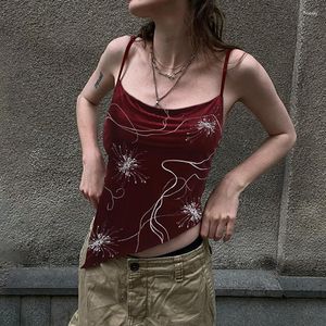 Kadın Tankları Vintage Floral Mini Yelek Kadın Kırmızı Asimetrik Velvet mahsulü Üstü Kadın Seksi Estetik Şık Giyim Sling Tee Y2K Üstler