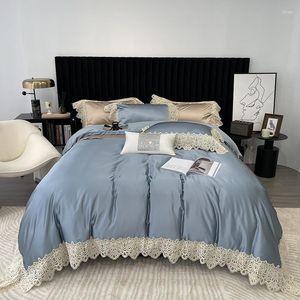 Conjuntos de cama Premium 1000TC Algodão Egípcio Luxo Bordado Conjunto Elegante Borda de Renda Capa de Edredão Roupa de Cama Travesseiro Sham