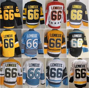 Retro 66 Lemieux CCM Hokey Jersey Vintage Classic Emekli Spor Hayranları İçin Tüm Dikişler Nefes Alabilir Saf Pamuk Eksik Beyaz Mavi Sarı Takım Renk Külkü Erkekleri