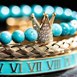 Charm Bracelets Luxury Set Bracelets Men Women CZ Crown Handmade Enamel Roman Numeral Bangles Rope Buckle Turquoise Stone Beads Jewelry Pulseras 231009